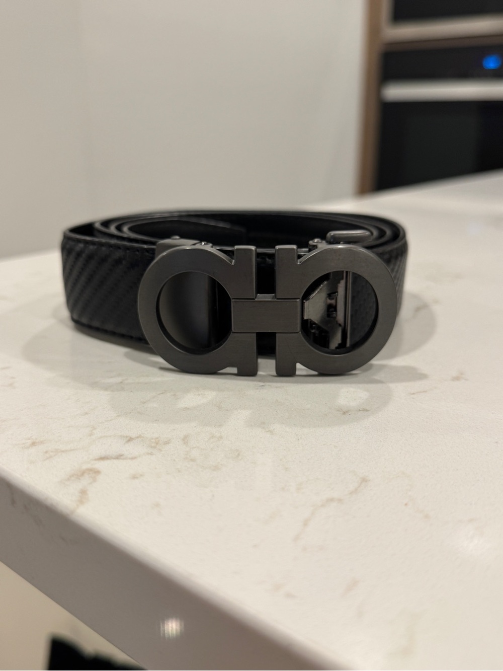 Salvatore Ferragamo Black Leather Belt with Double Gancio Buckle